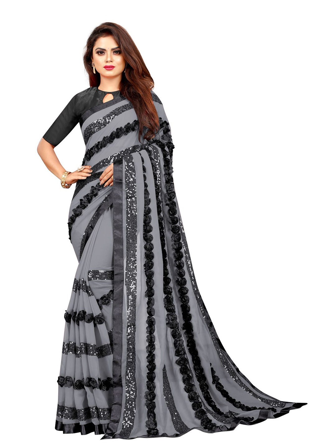

Queenswear Creation Grey & Black Embellished Sequinned Ready to Wear Saree