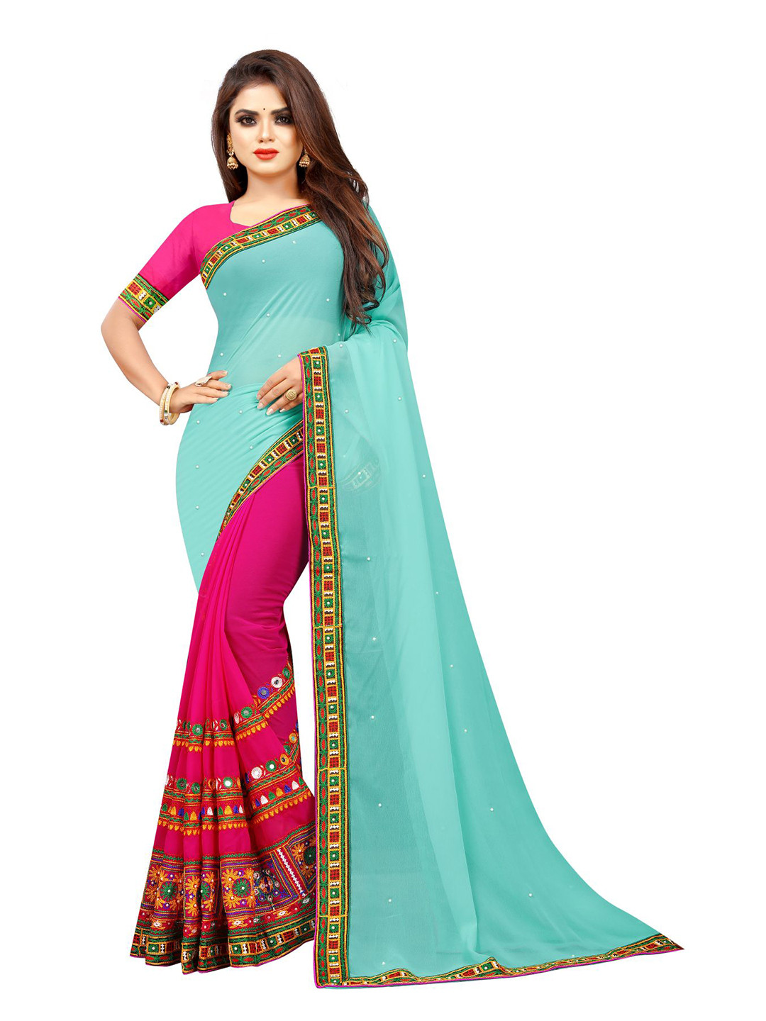 

Queenswear Creation Pink & Blue Mirror Work Embroidered Saree
