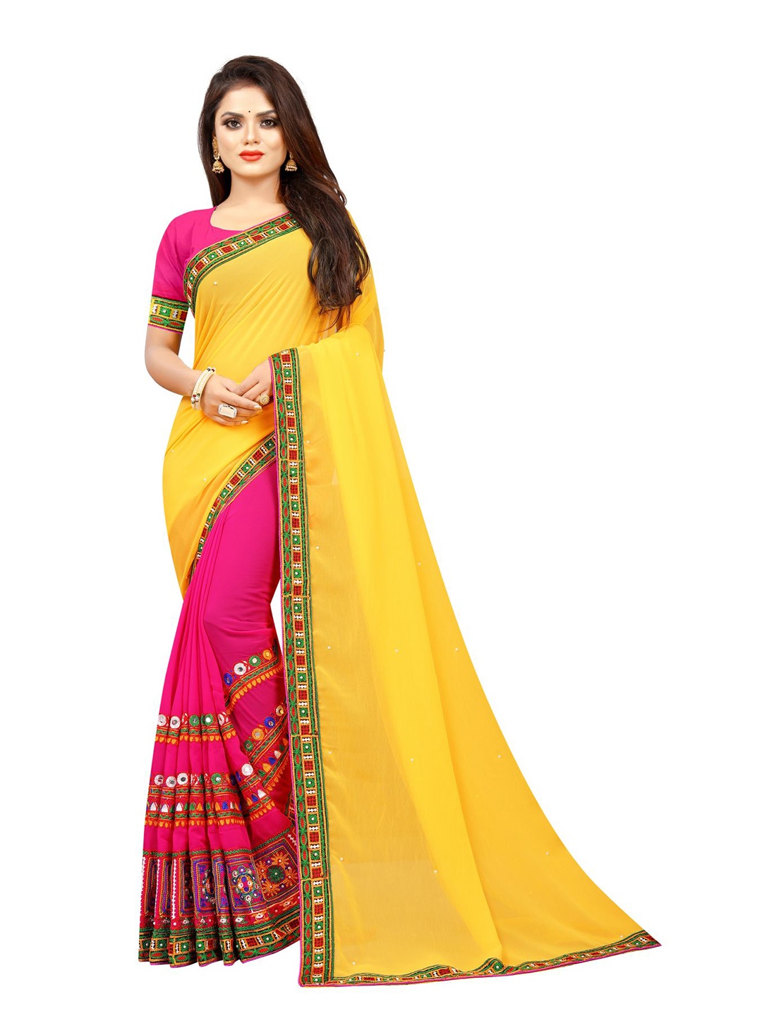 

Queenswear Creation Yellow & Rose Embellished Mirror Work Ready to Wear Saree