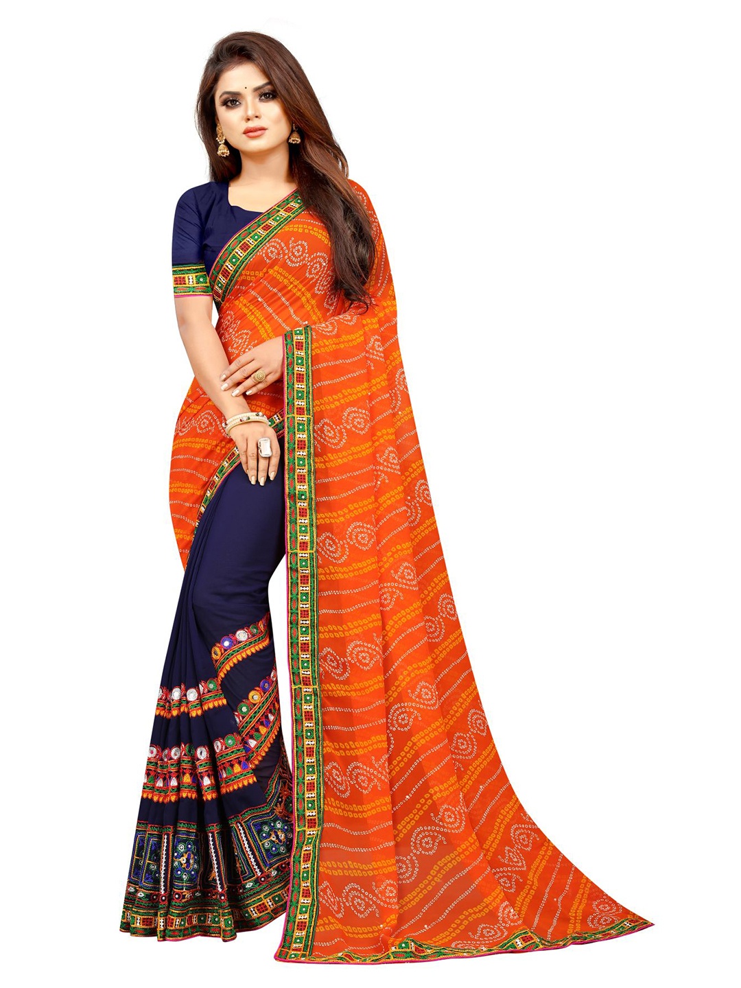 

Queenswear Creation Orange & Blue Embroidered Half and Half Bandhani Saree