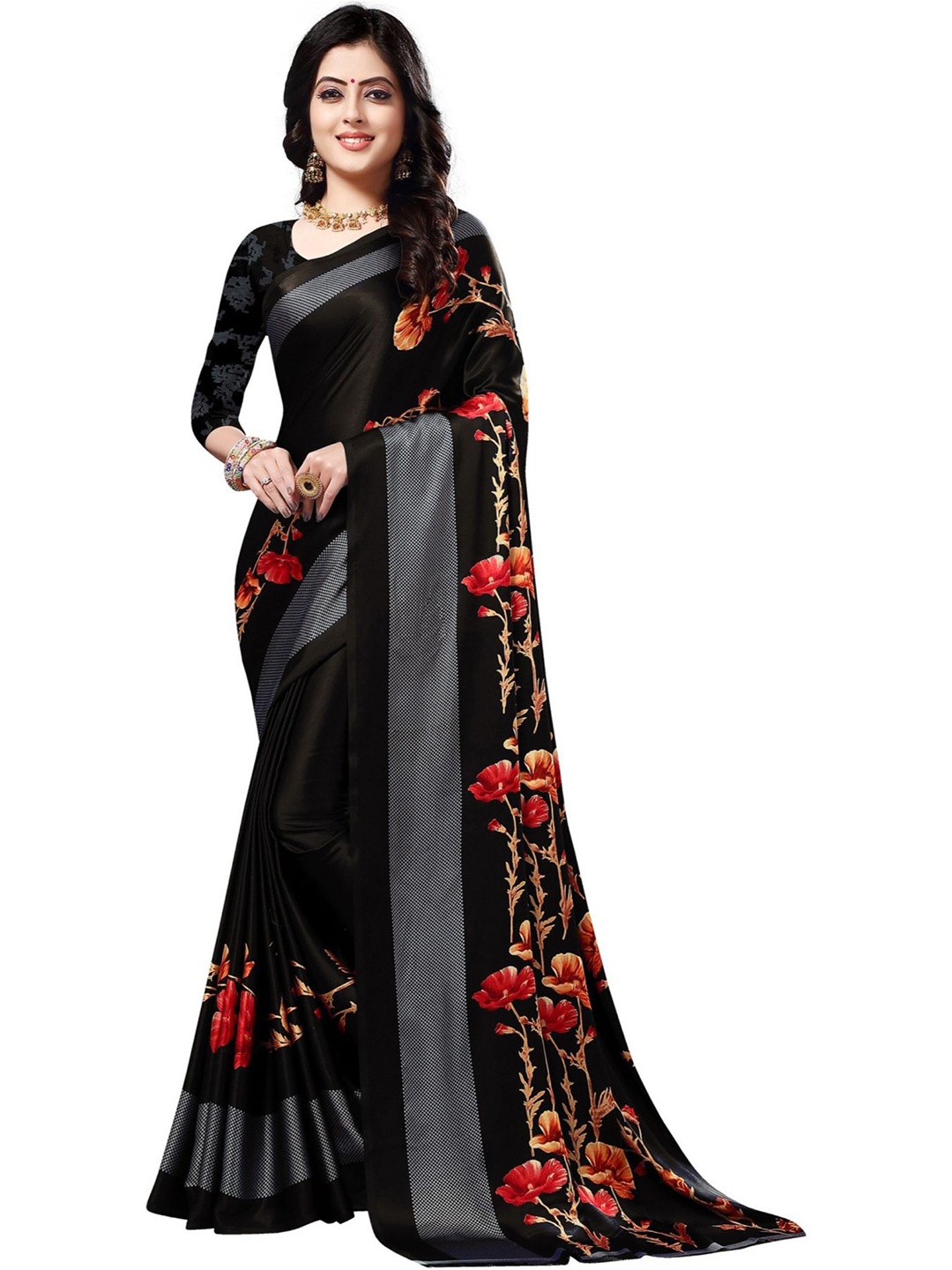 

Queenswear Creation Black & Red Floral Pure Silk Ready to Wear Saree