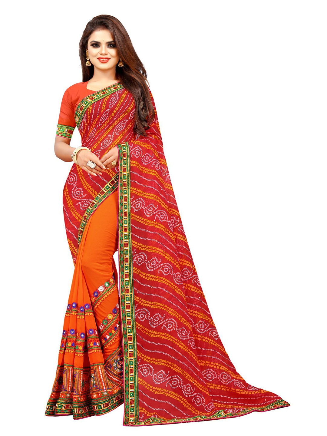 

Queenswear Creation Red & Blue Bandhani Embroidered Half and Half Bandhani Saree