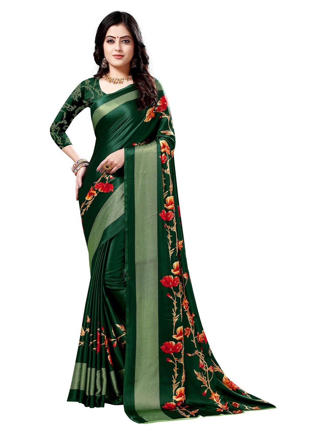 

Queenswear Creation Green & Red Floral Printed Pure Silk Saree