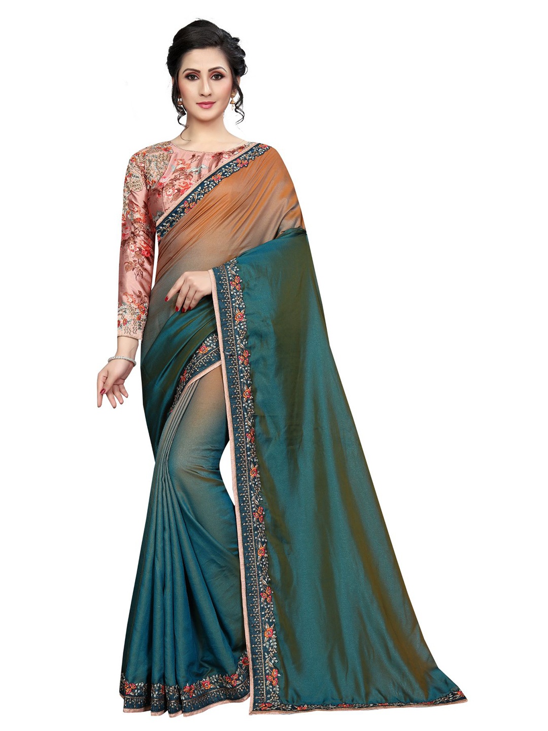 

Queenswear Creation Teal & Pink Embroidered Pure Silk Saree