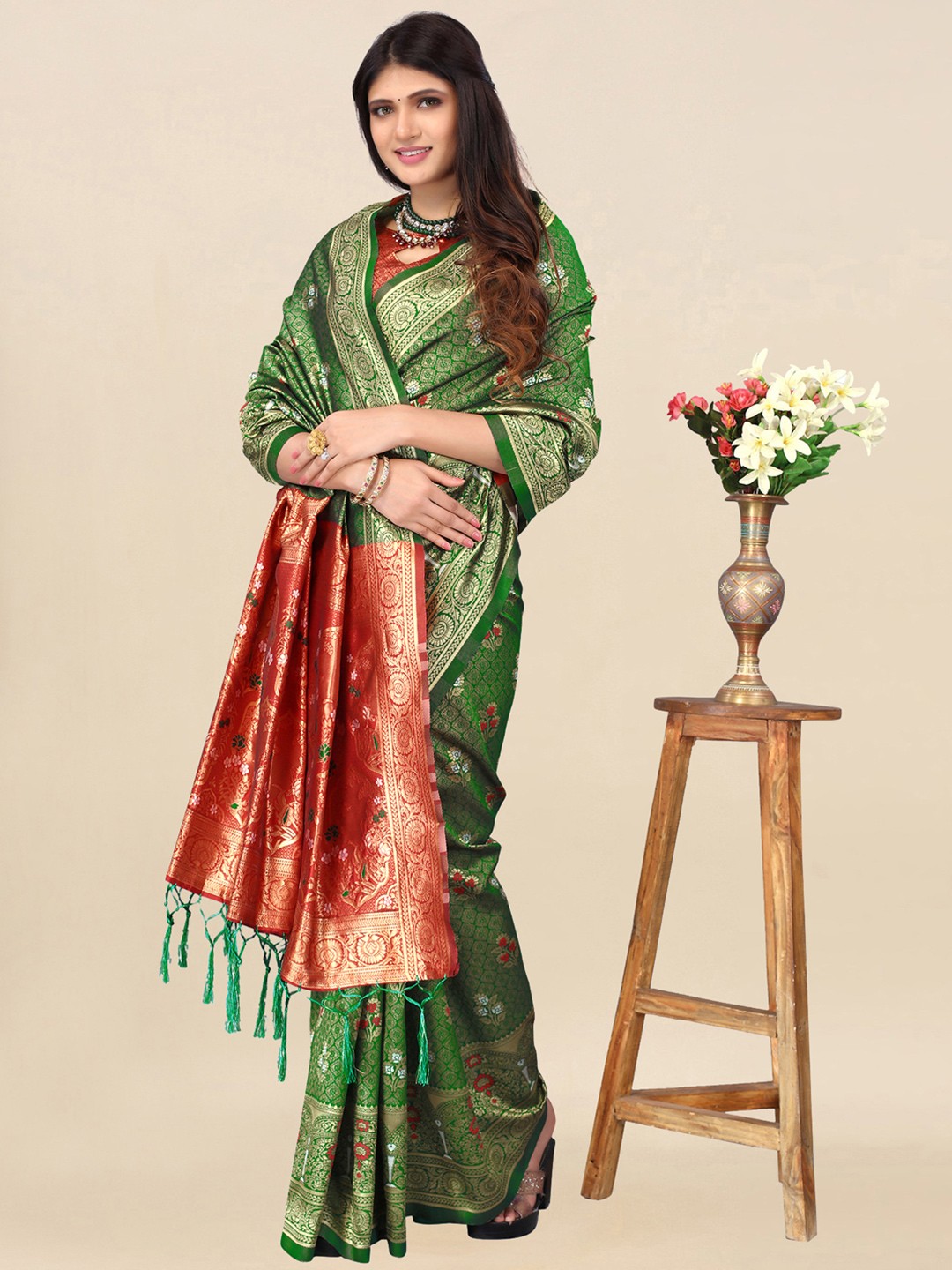 

Satrani Green & Red Woven Design Zari Banarasi Saree