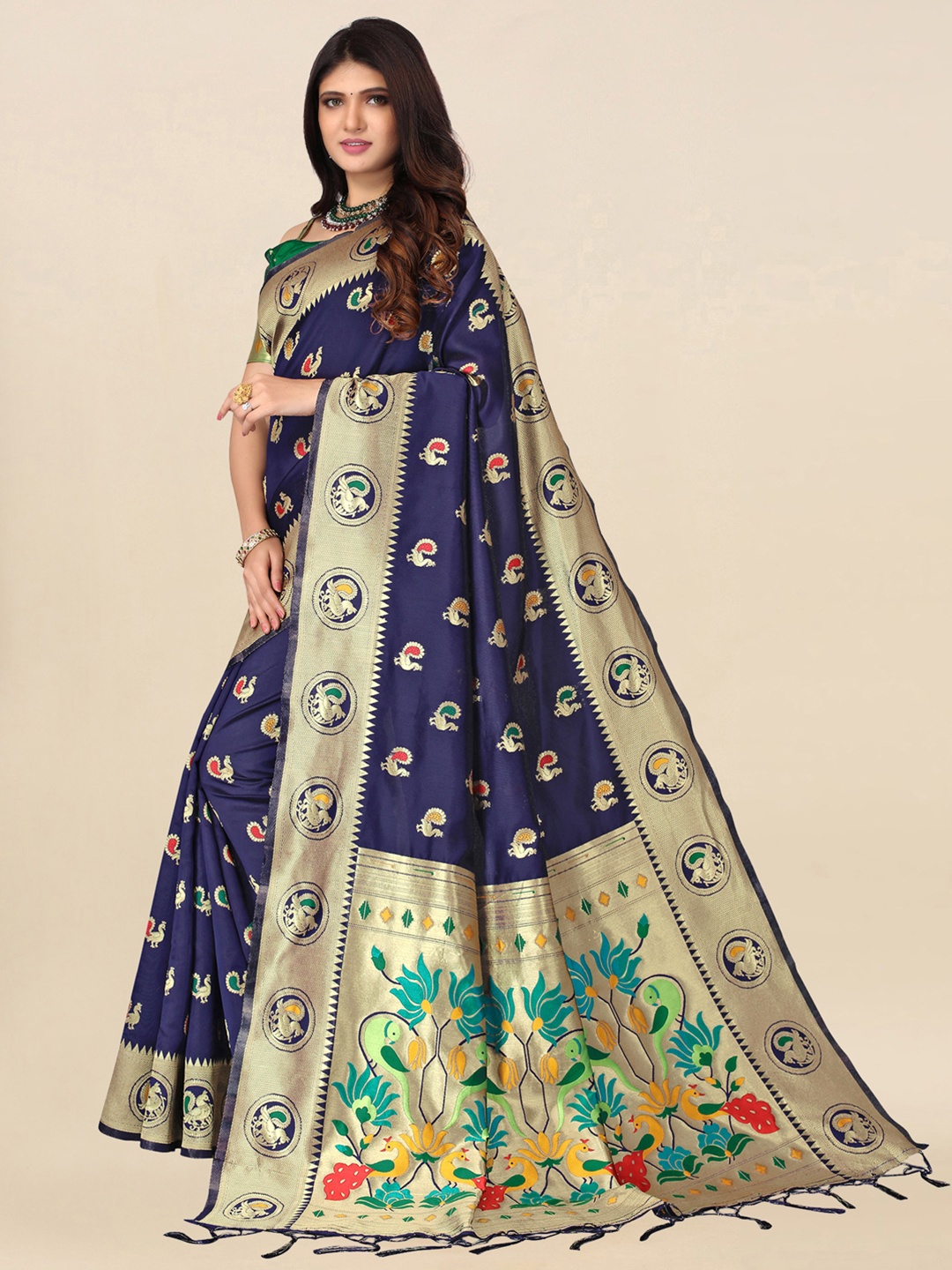 

Satrani Navy Blue & Gold-Toned Woven Design Banarasi Saree