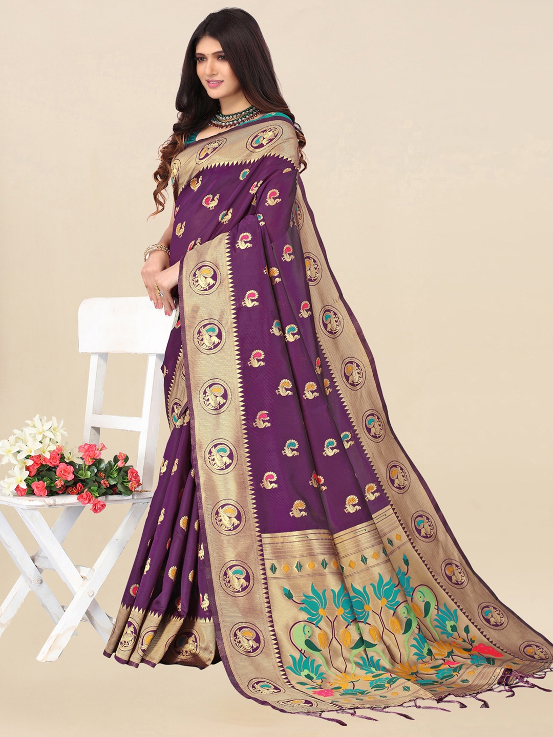 

Satrani Purple & Gold-Toned Ethnic Motifs Zari Banarasi Saree