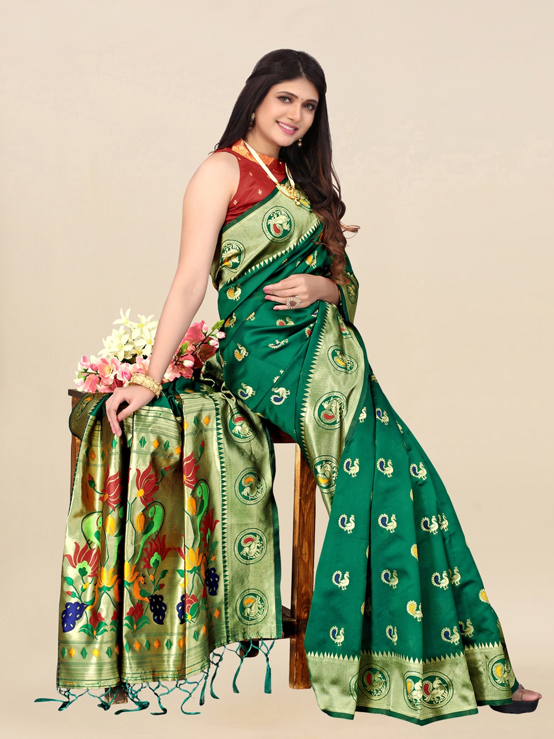 

Satrani Green & Red Woven Design Zari Banarasi Saree