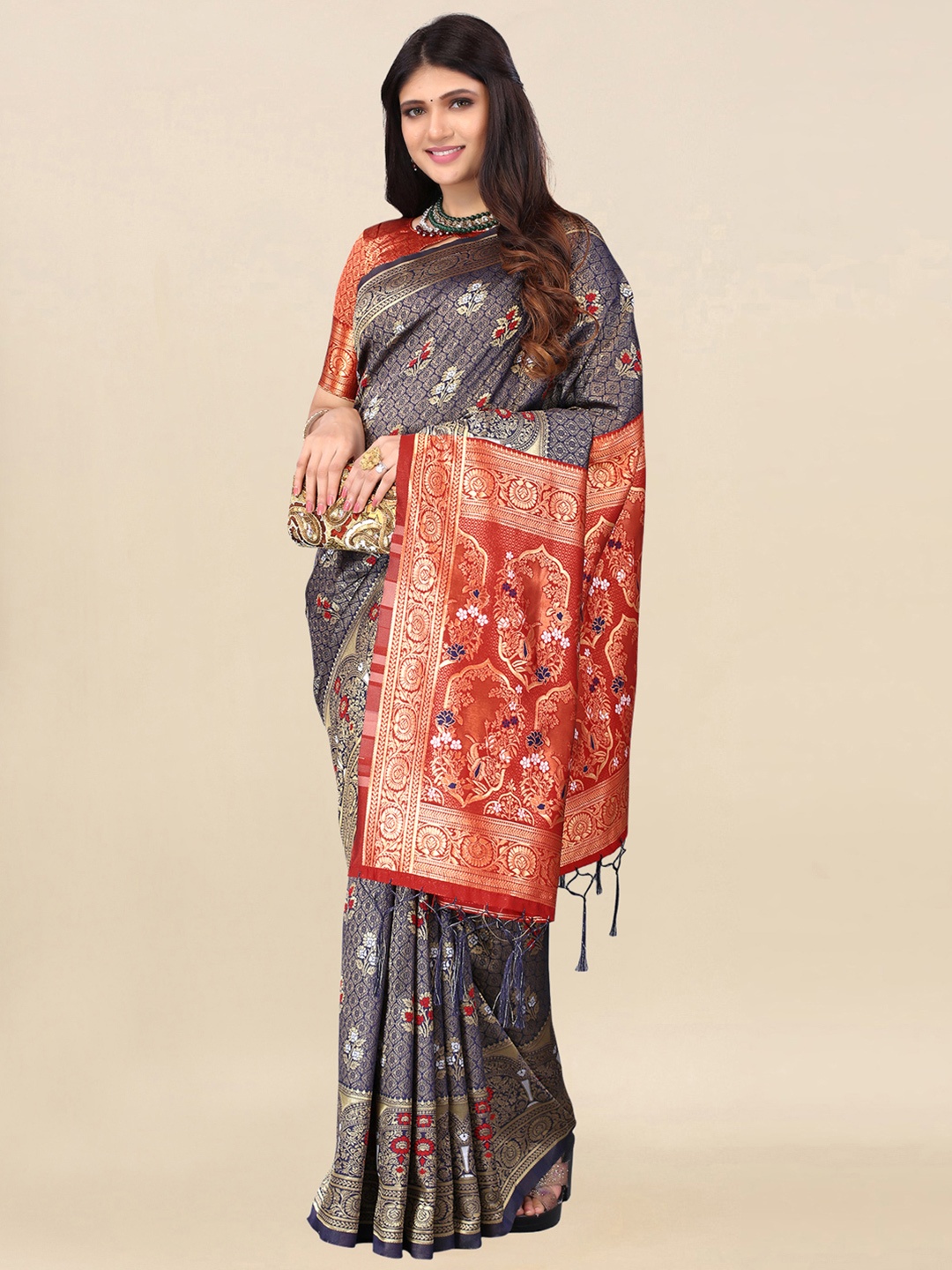 

Satrani Navy Blue & Red Floral Zari Banarasi Saree