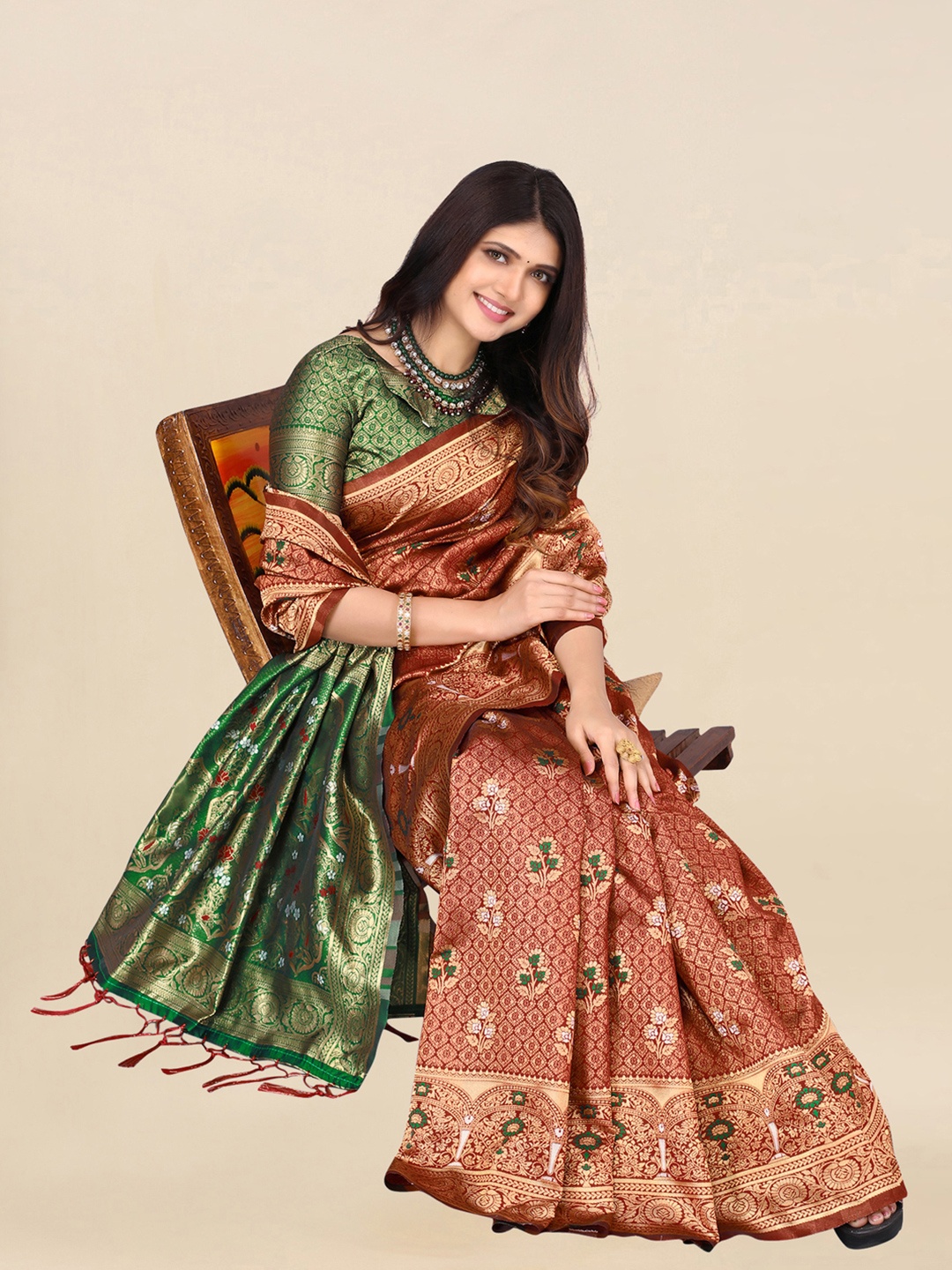 

Satrani Maroon & Green Woven Design Zari Banarasi Saree