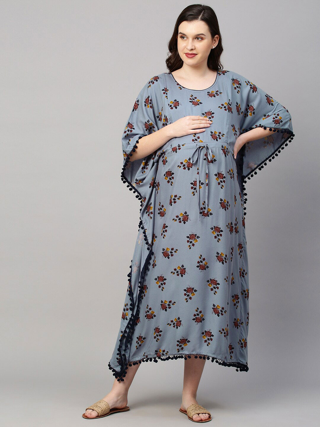 

MomToBe Women Purple Printed Maxi Maternity Kaftan Nightdress