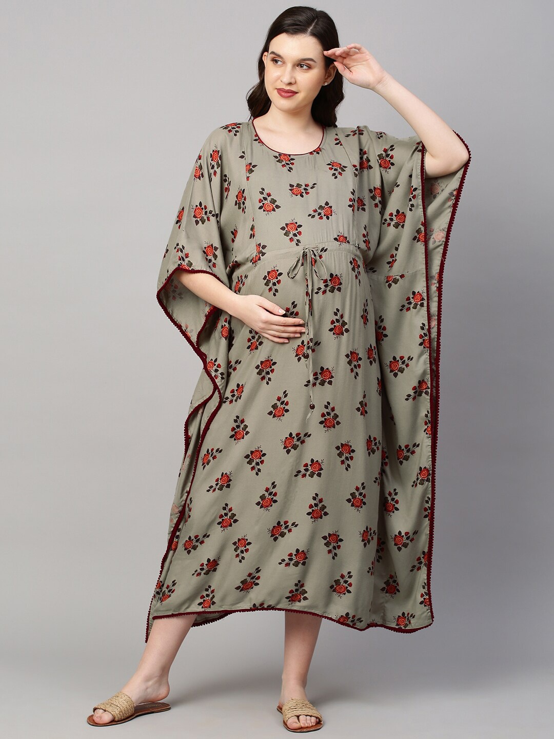 

MomToBe Women Beige Printed Maxi Maternity Kaftan Sustainable Nightdress