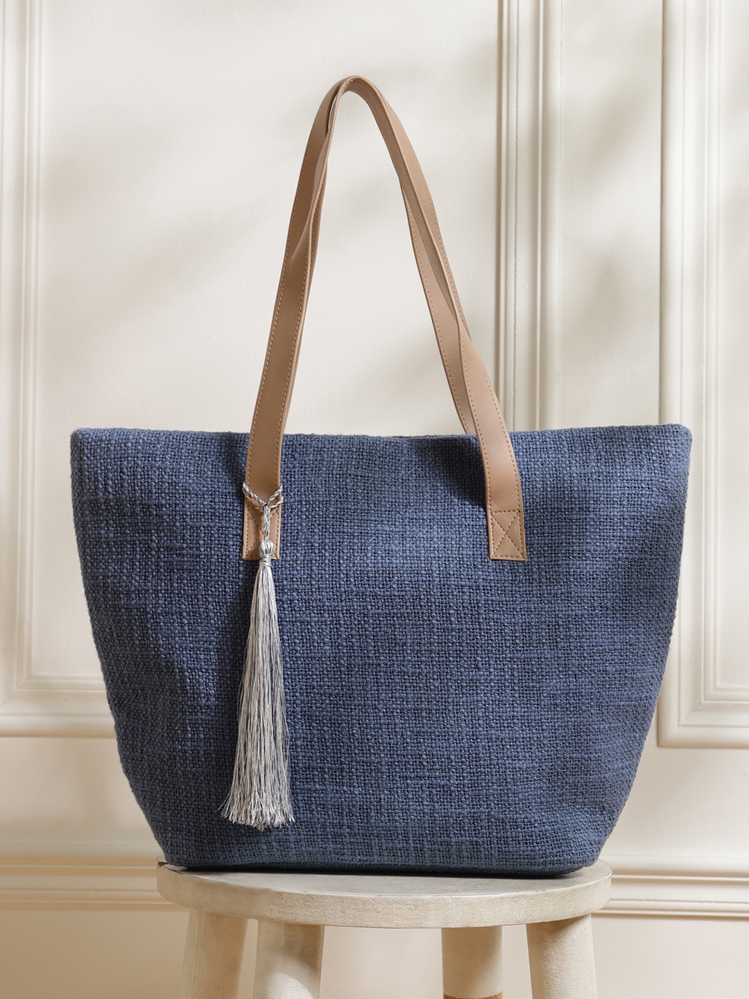 

DEEBACO Blue & White Jacquard Oversized Shopper Tote Bag with Tasselled