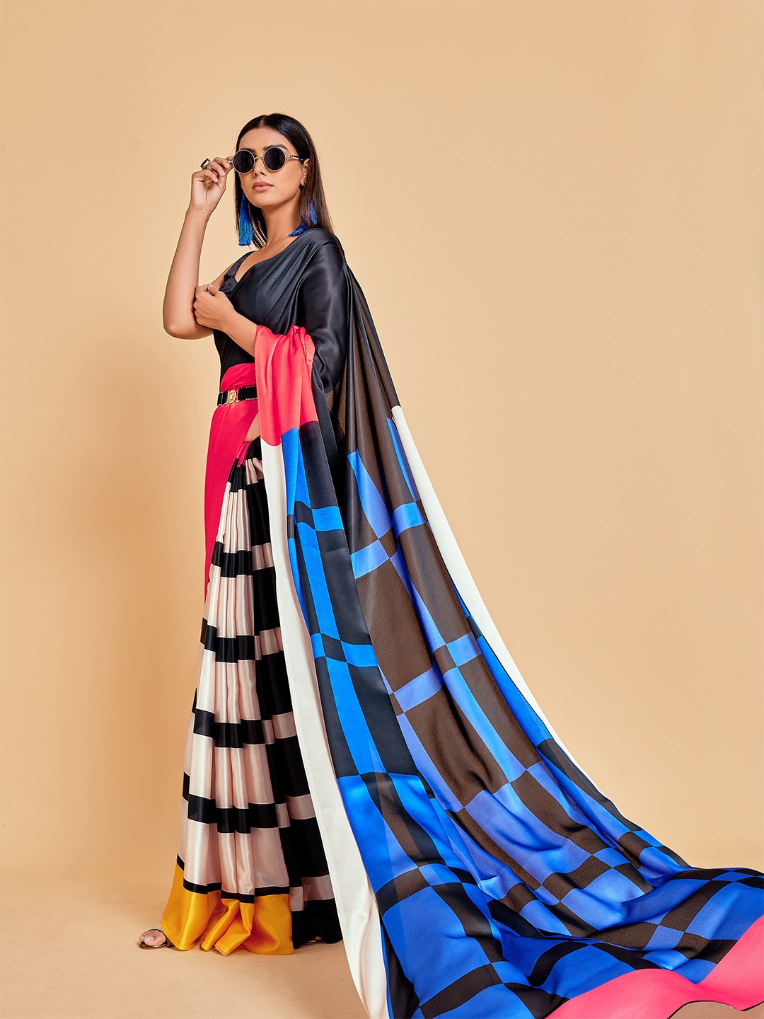 

Sangria Blue & Black Striped Satin Ready to Wear Saree