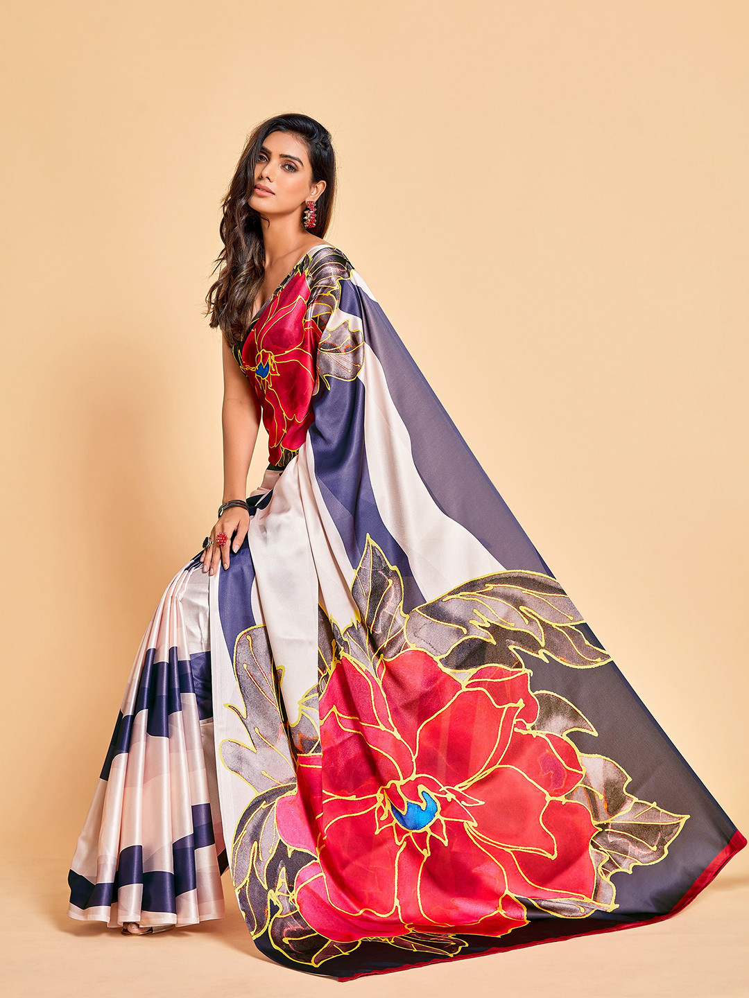 

Sangria Cream-Coloured & Navy Blue Floral Satin Saree