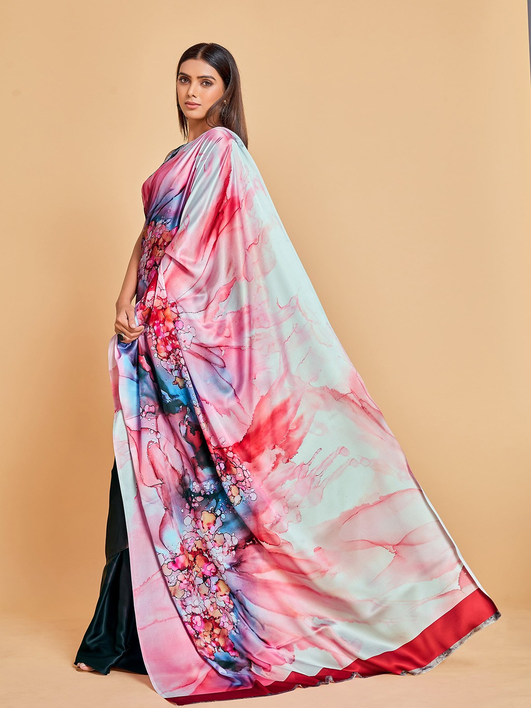 

Sangria Pink & Blue Floral Satin Saree