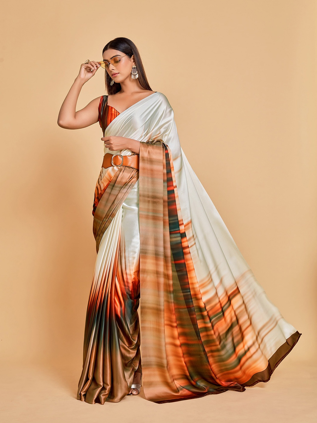 

Sangria Brown & White Printed Satin Saree