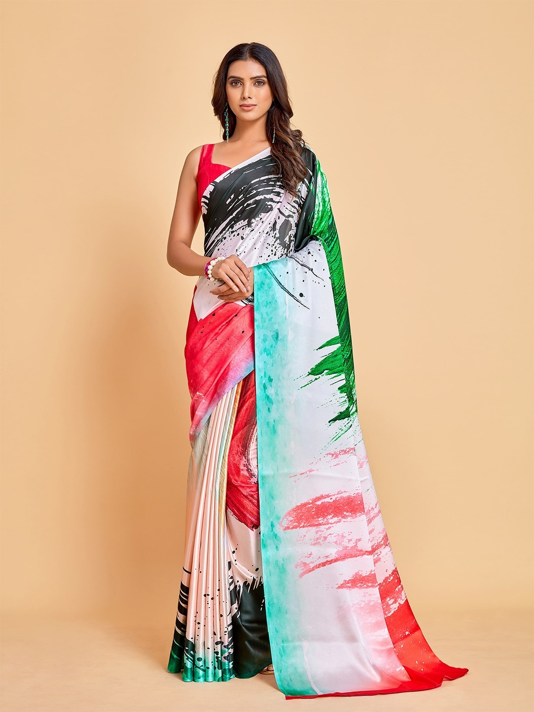 

Sangria Off White & Green Satin Saree