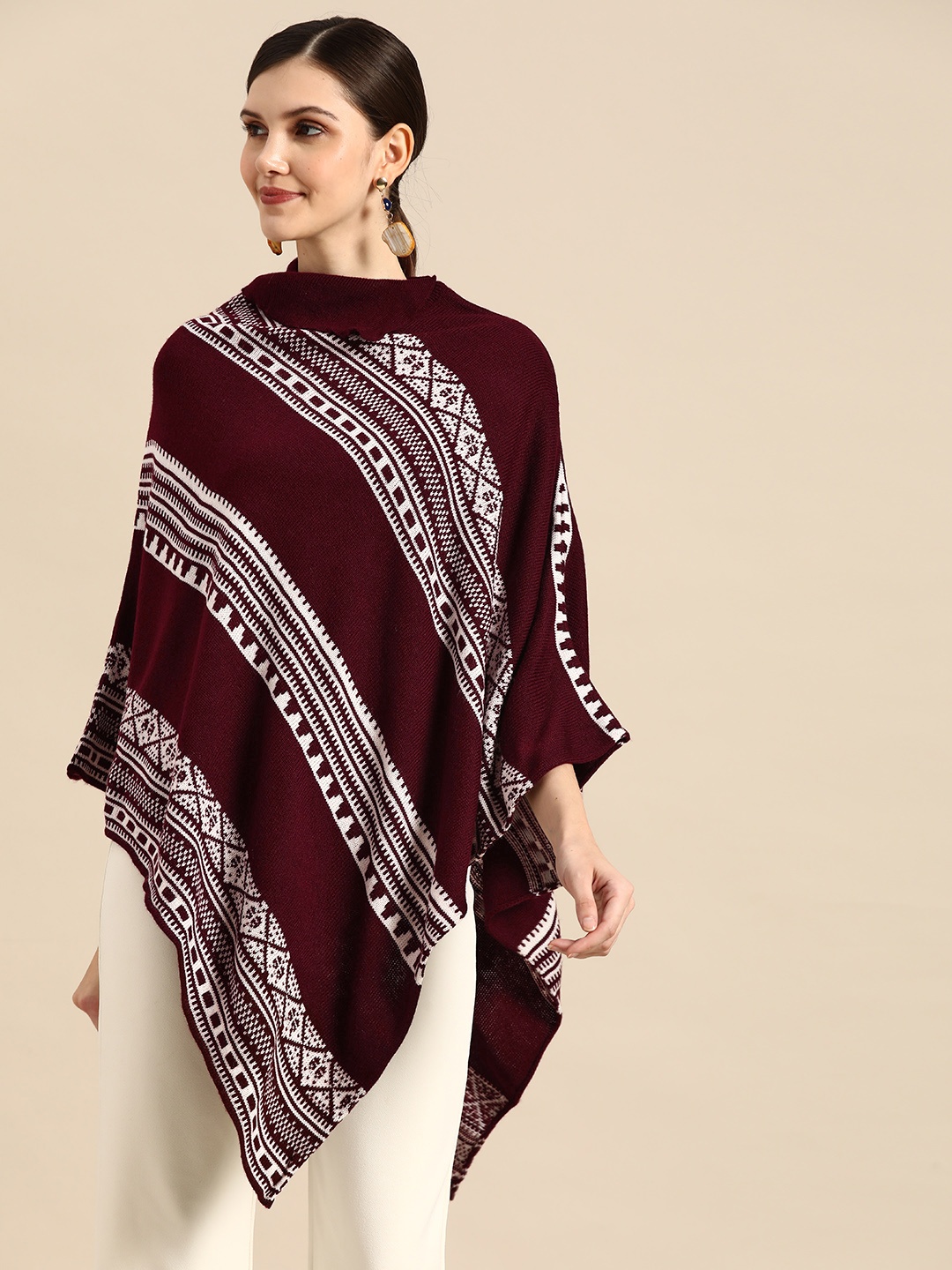 

Anouk Women Maroon & White Longline Poncho