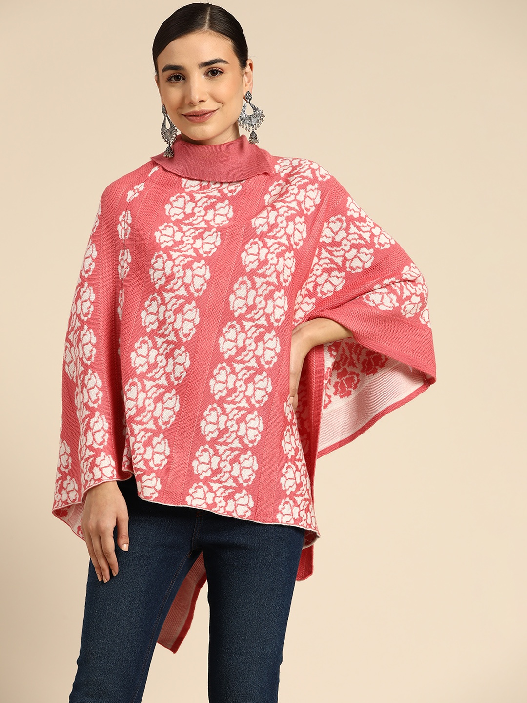 

Anouk Women Coral Pink & White Self Design Acrylic Poncho