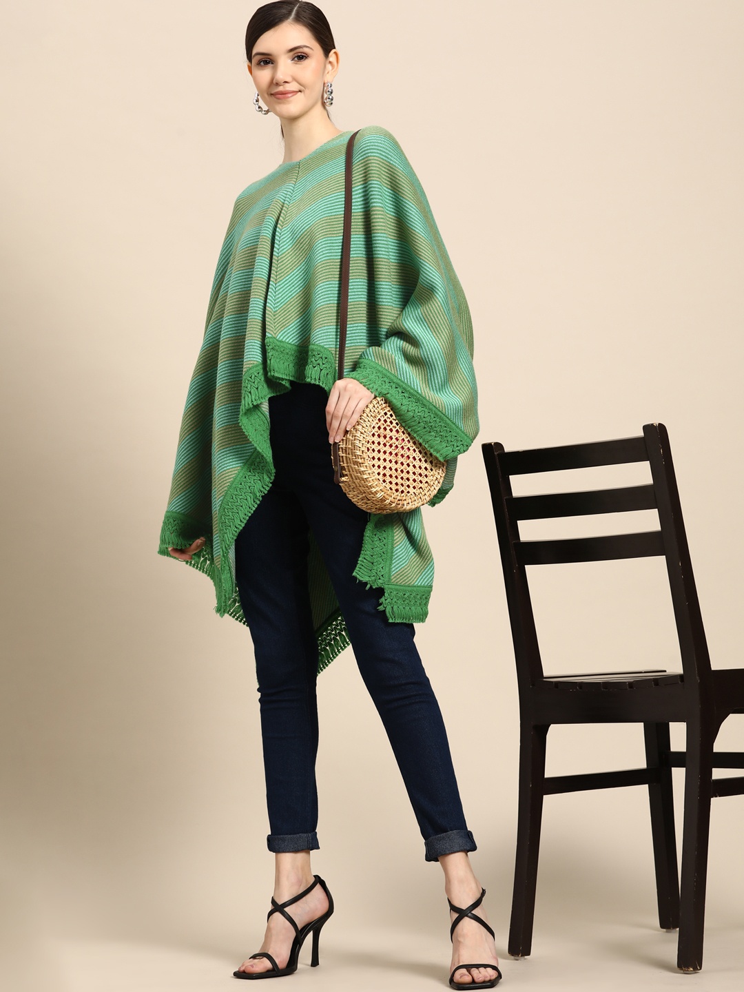 

Anouk Women Green & Blue Striped Poncho