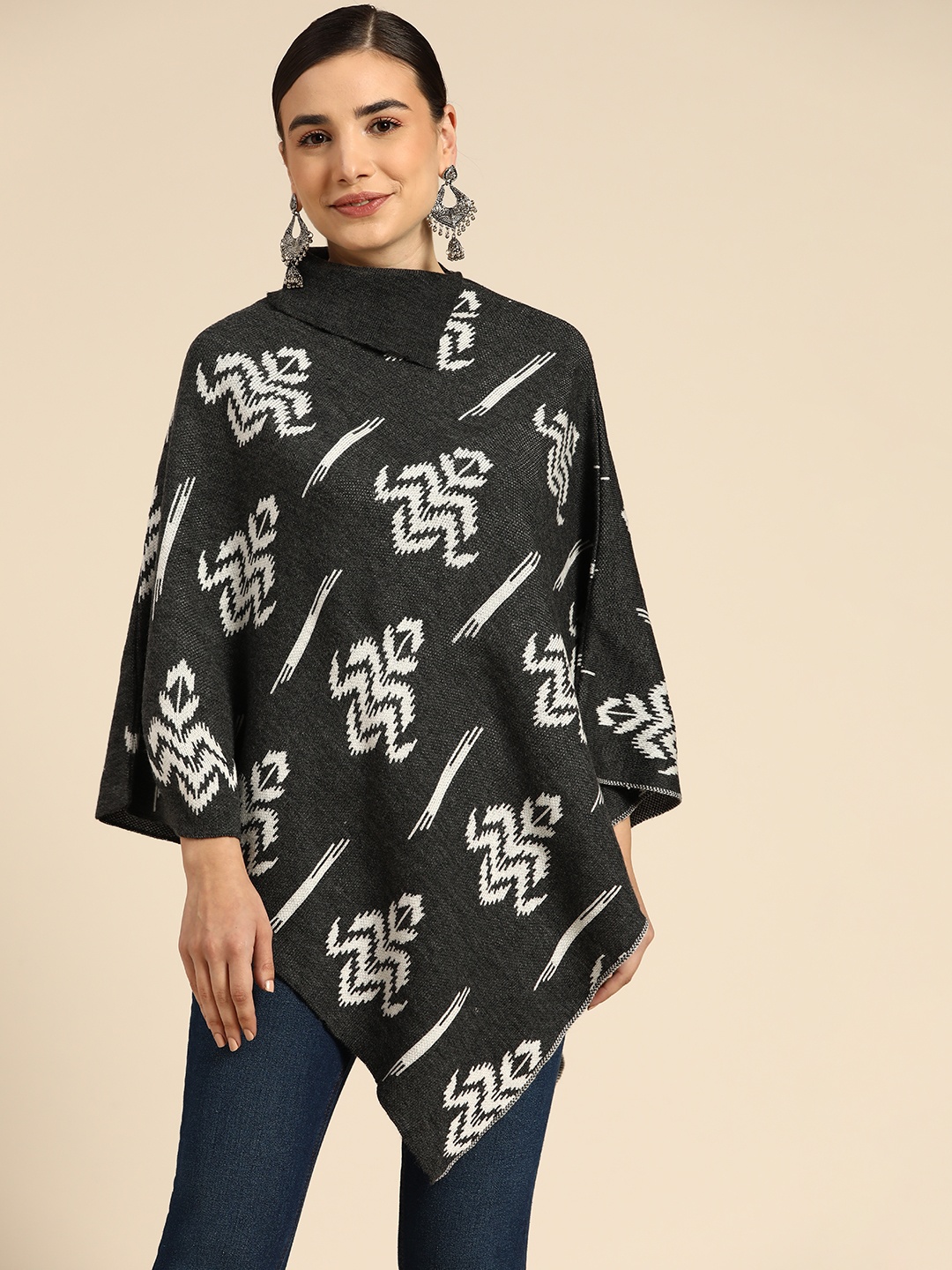 

Anouk Women Charcoal Grey & White Self Design Acrylic Poncho
