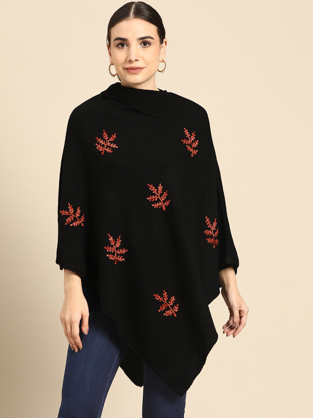 

Anouk Women Black Acrylic Embroidered Poncho