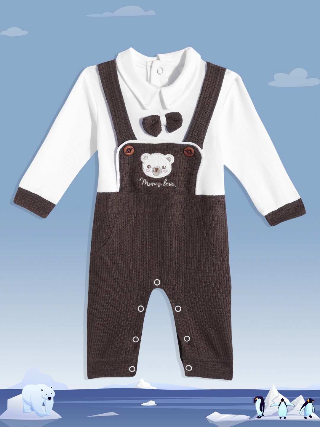

Moms Love Infant Boys Brown & White Pure Cotton Rompers with Attached Suspender & Bow