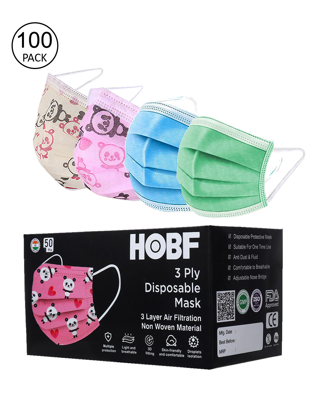 

FROGGY Kids Pack of 100 Assorted 3-PLY Anti-Pollution Mask With Nose Pin