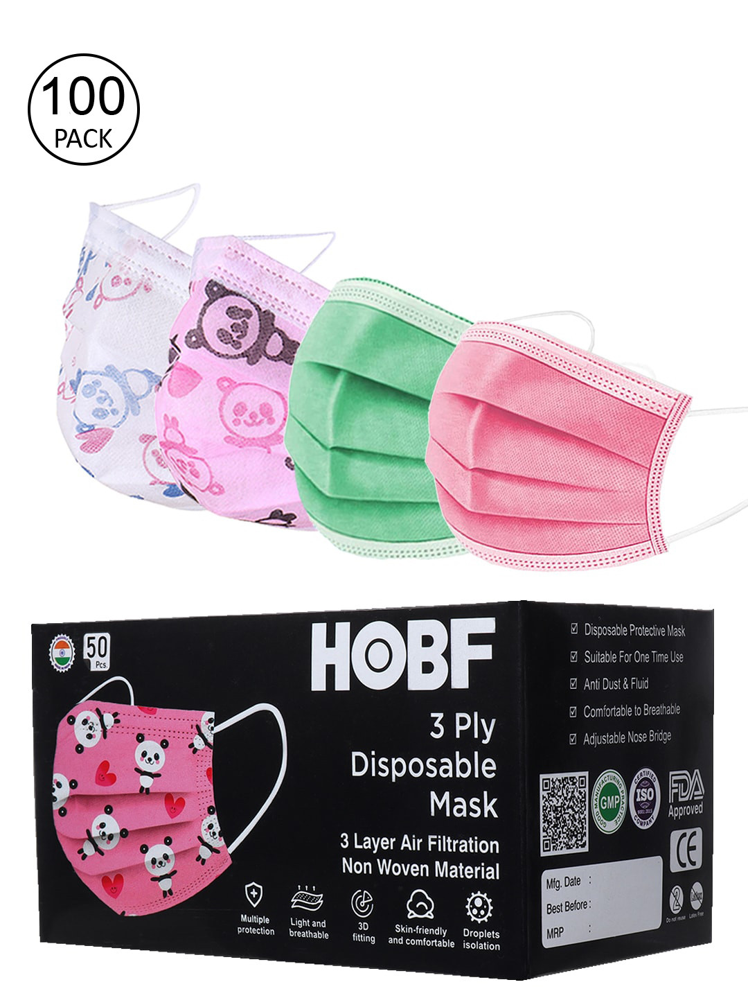 

FROGGY Kids Pack of 100 Anti-Pollution 3 Ply Mask With Nose-Pin, Assorted