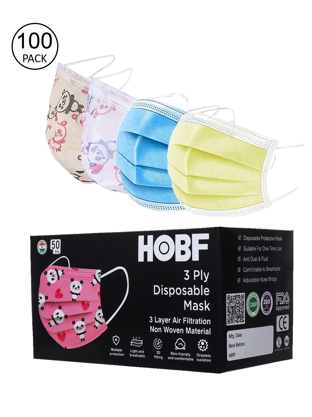 

FROGGY Set Of 100 Blue and Yellow 3-Ply Anti-Pollution Masks