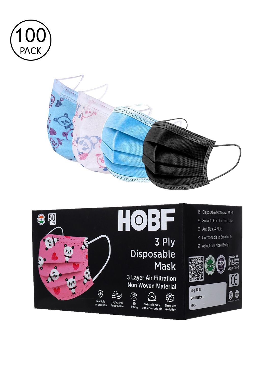 

FROGGY Kids Pack of 100 Assorted 3-PLY Anti-Pollution Masks With Nose Pin
