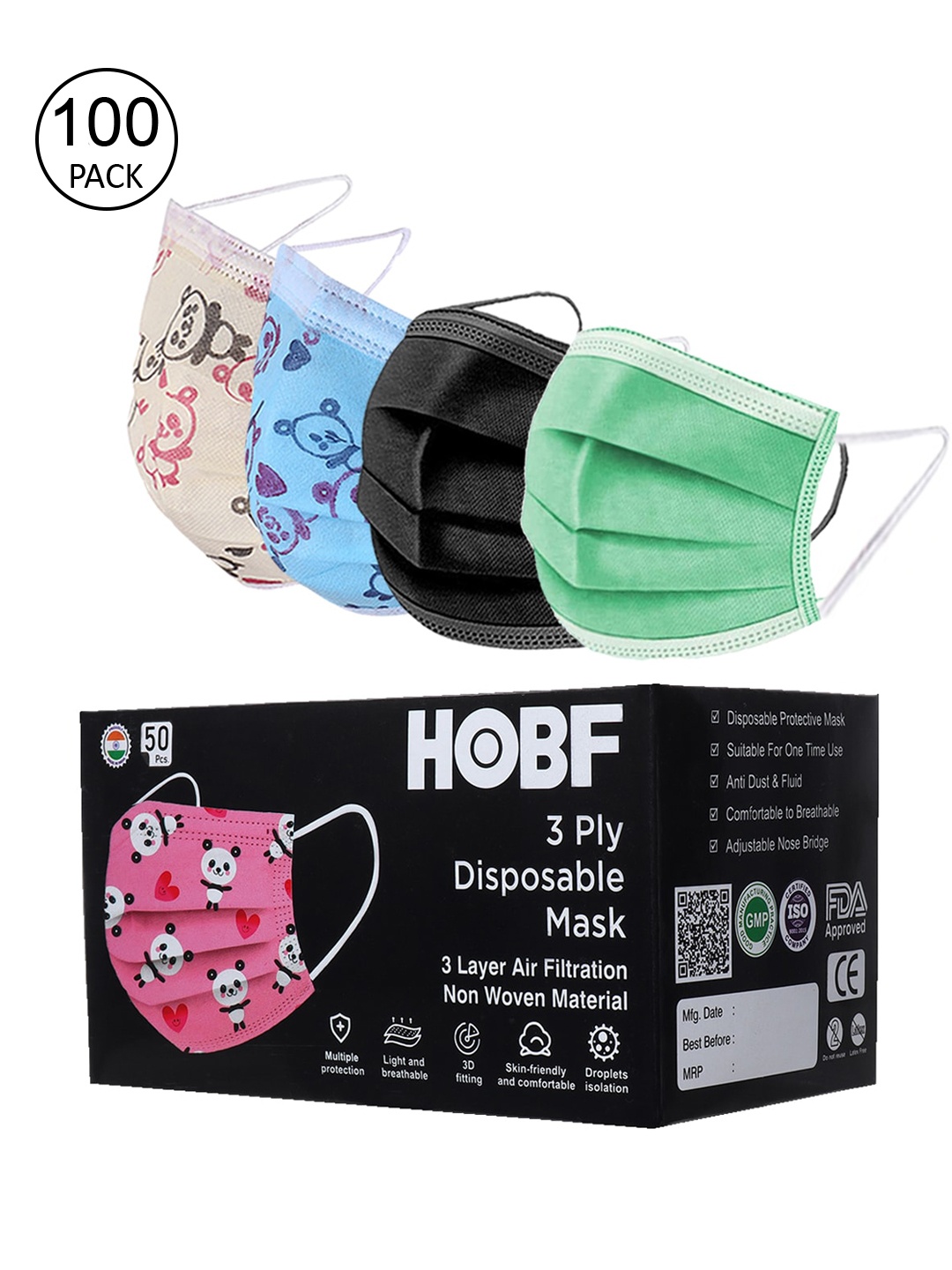 

FROGGY Kids Pack of 100 Anti-Pollution 3 Ply Mask With Nose-Pin, Assorted
