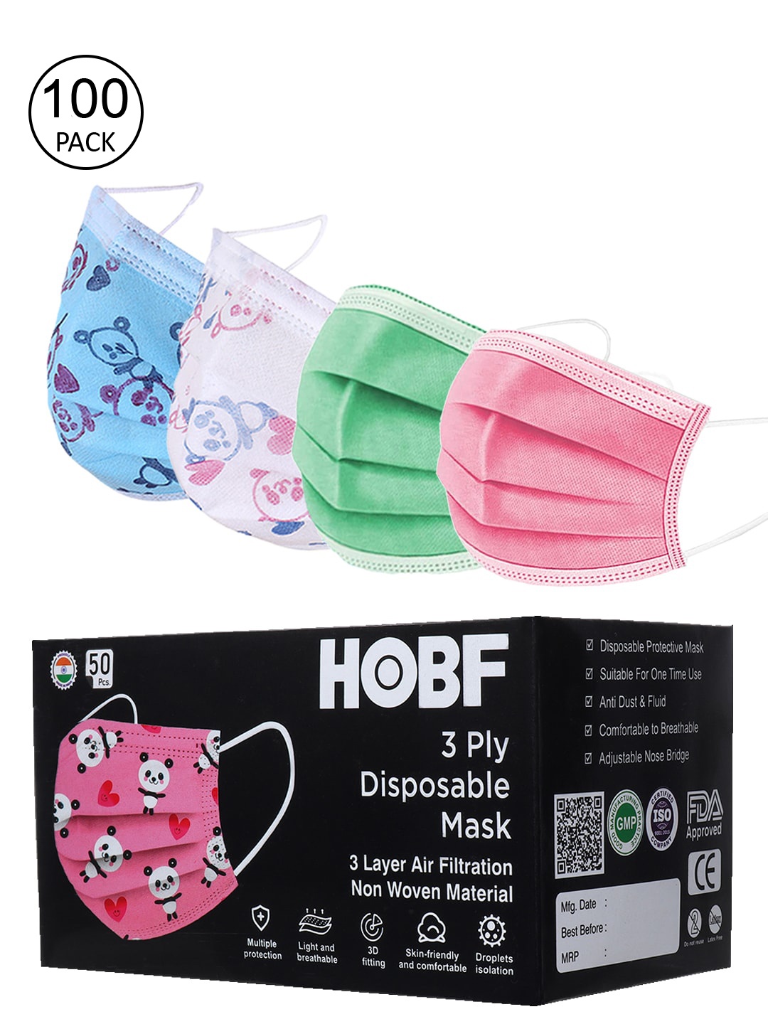 

FROGGY Kids Pack Of 100 Green & White Solid Disposable Outdoor Masks