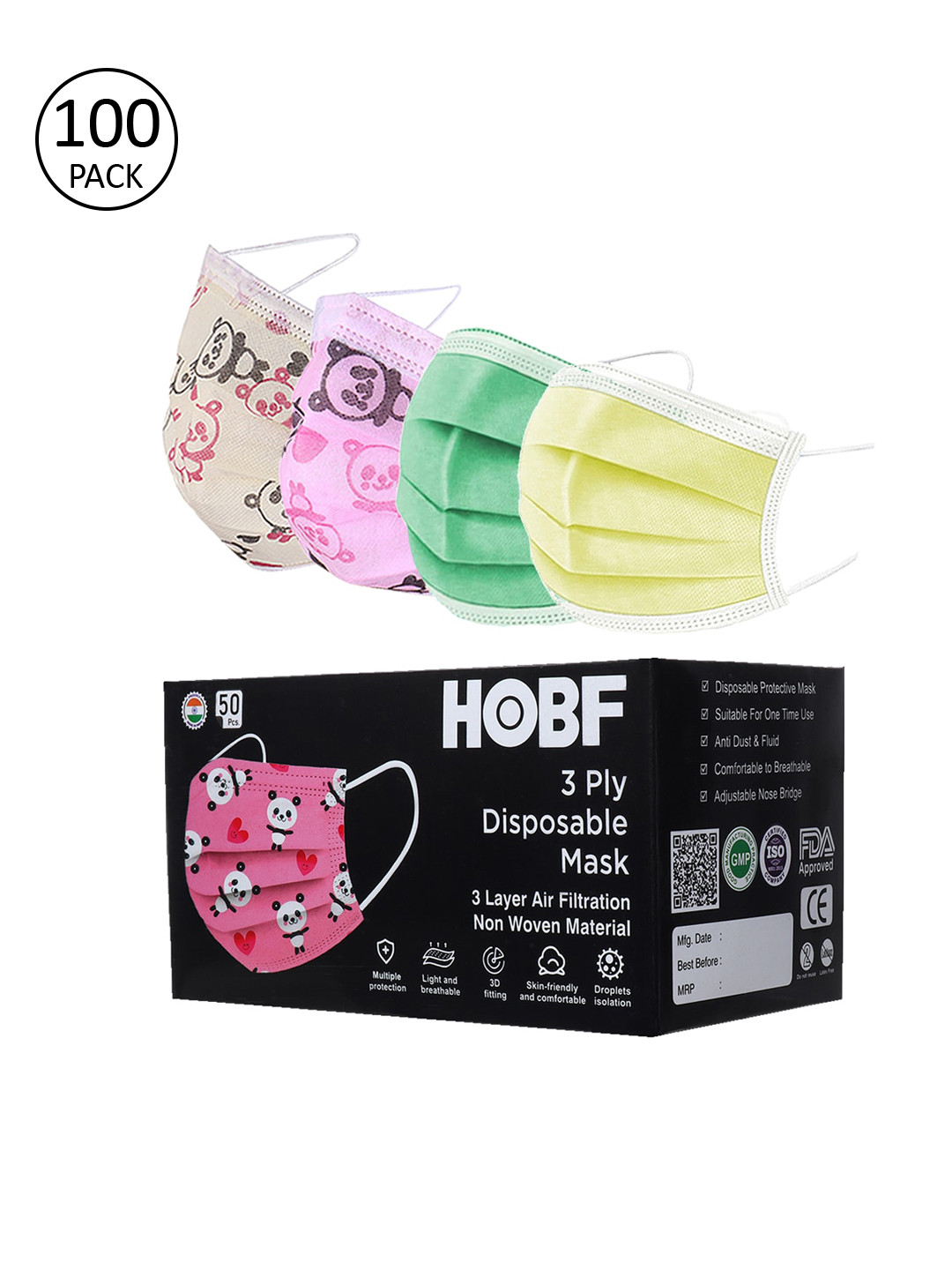 

FROGGY Set Of 100 Green & Yellow 3-Ply Anti-Pollution Masks