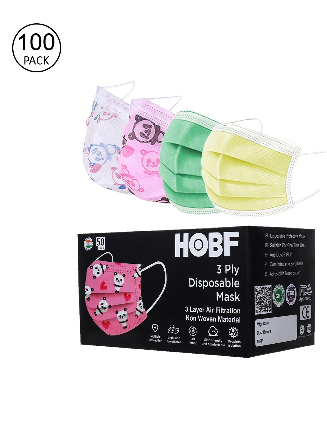 

FROGGY Unisex Kids Pack Of 100 Assorted 3-Ply Anti-Pollution Mask