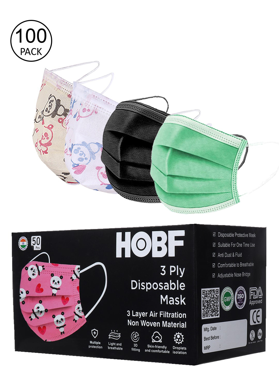 

FROGGY Kids Pack Of 100 Assorted 3ply Anti-Pollution Mask With Nose-Pin