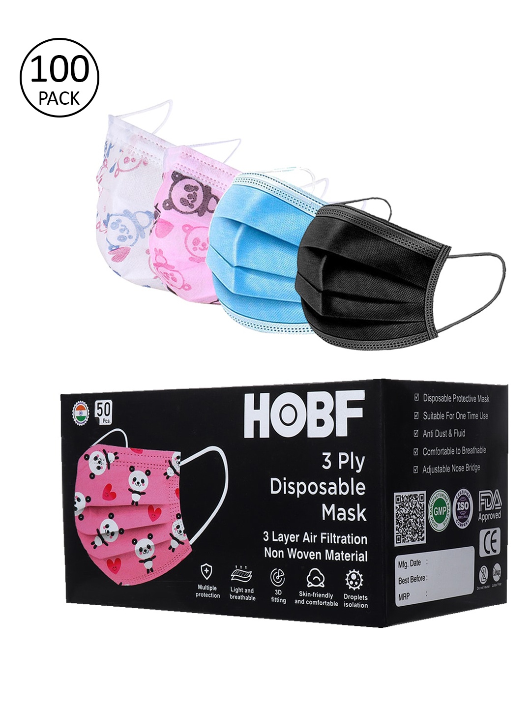 

FROGGY Kids Pack of 100 Assorted 3-PLY Anti-Pollution Masks With Nose Pin, Pink
