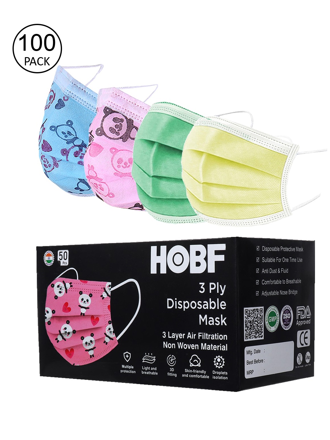 

FROGGY Kids Pack Of 100 Assorted 3ply Anti-Pollution Mask With Nose-Pin, Blue
