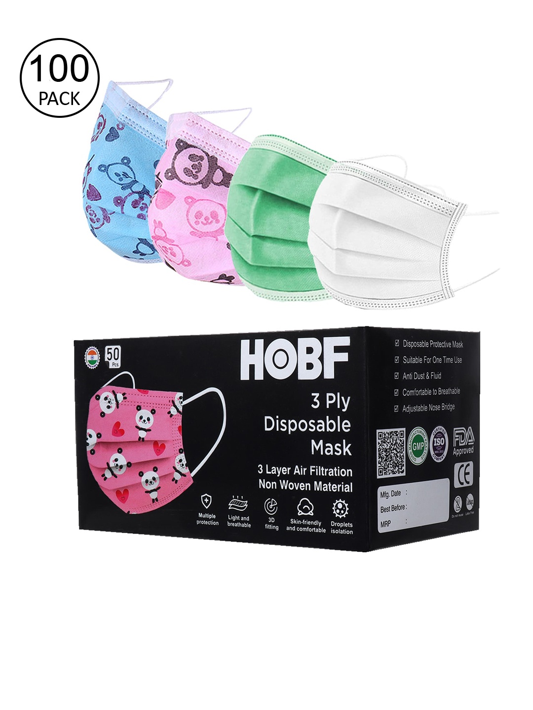 

FROGGY Pack Of 100 Assorted 3-Ply Anti-Pollution Mask, Blue