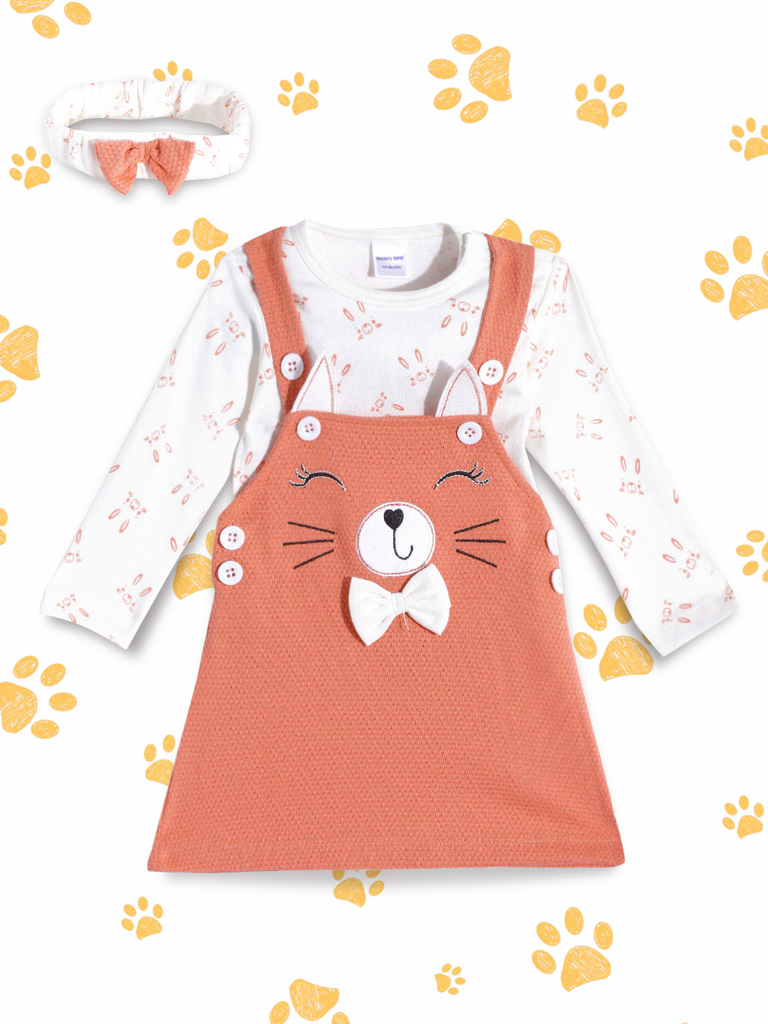 

Moms Love Infant Girls Peach-Coloured & White Cotton Applique Pinafore Dress with T-shirt