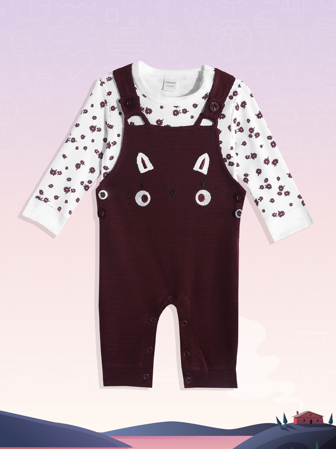 

Moms Love Infant Girls Maroon & White Solid Dungaree with T-shirt
