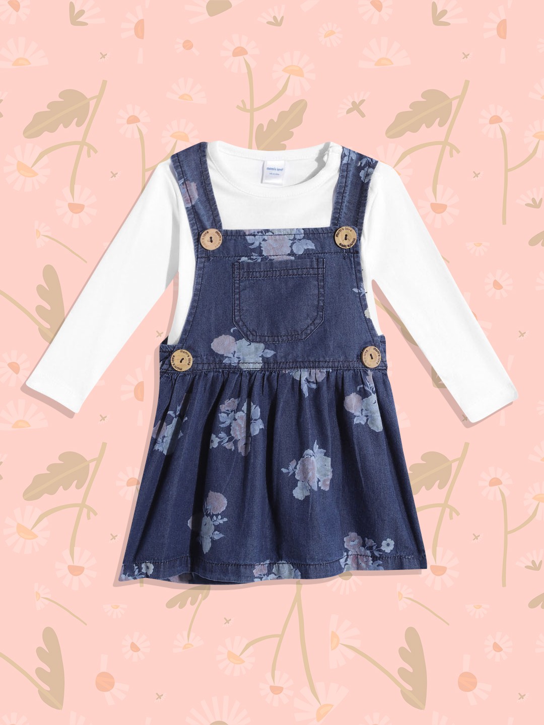 

Moms Love Infant Girls Navy Blue & Pink Floral Print Cotton Chambray Pinafore Dress & Tee