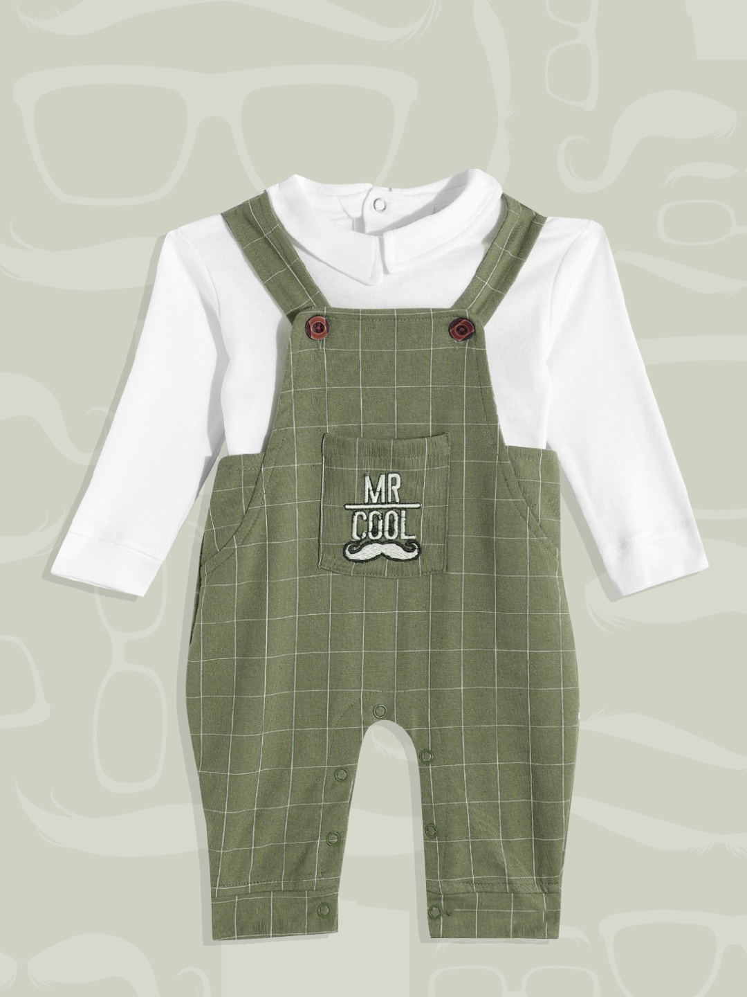 

Moms Love Infant Boys Olive Green & White Pure Cotton Checked Dungaree with T-shirt