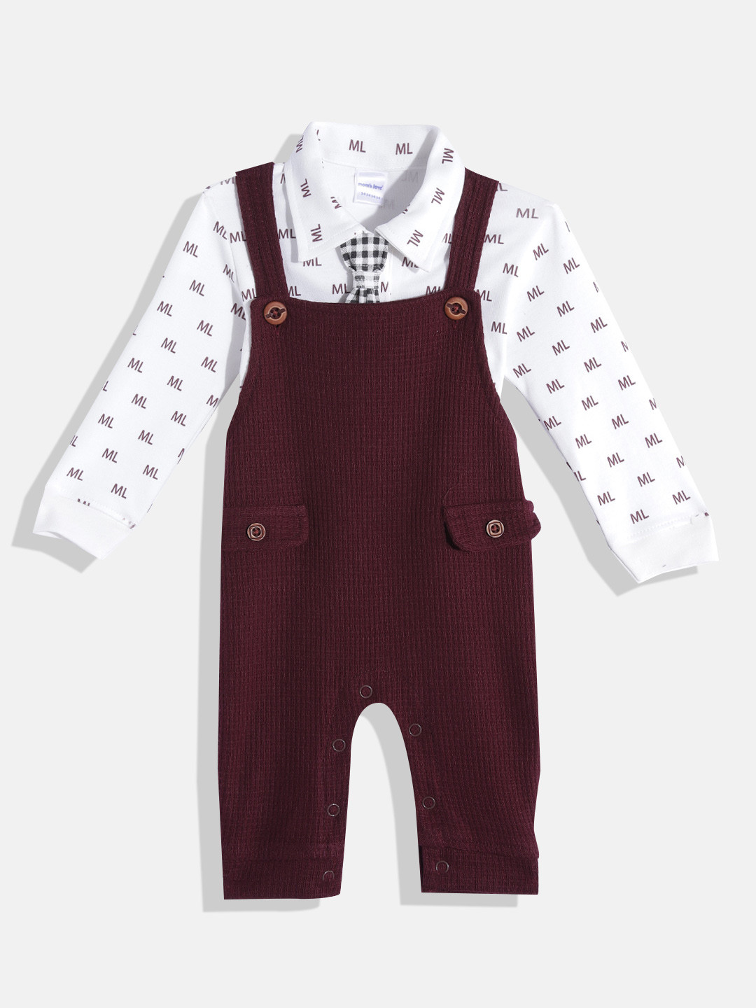

Moms Love Infant Boys Burgundy & White Self-Design Pure Cotton Dungaree with T-Shirt & Tie