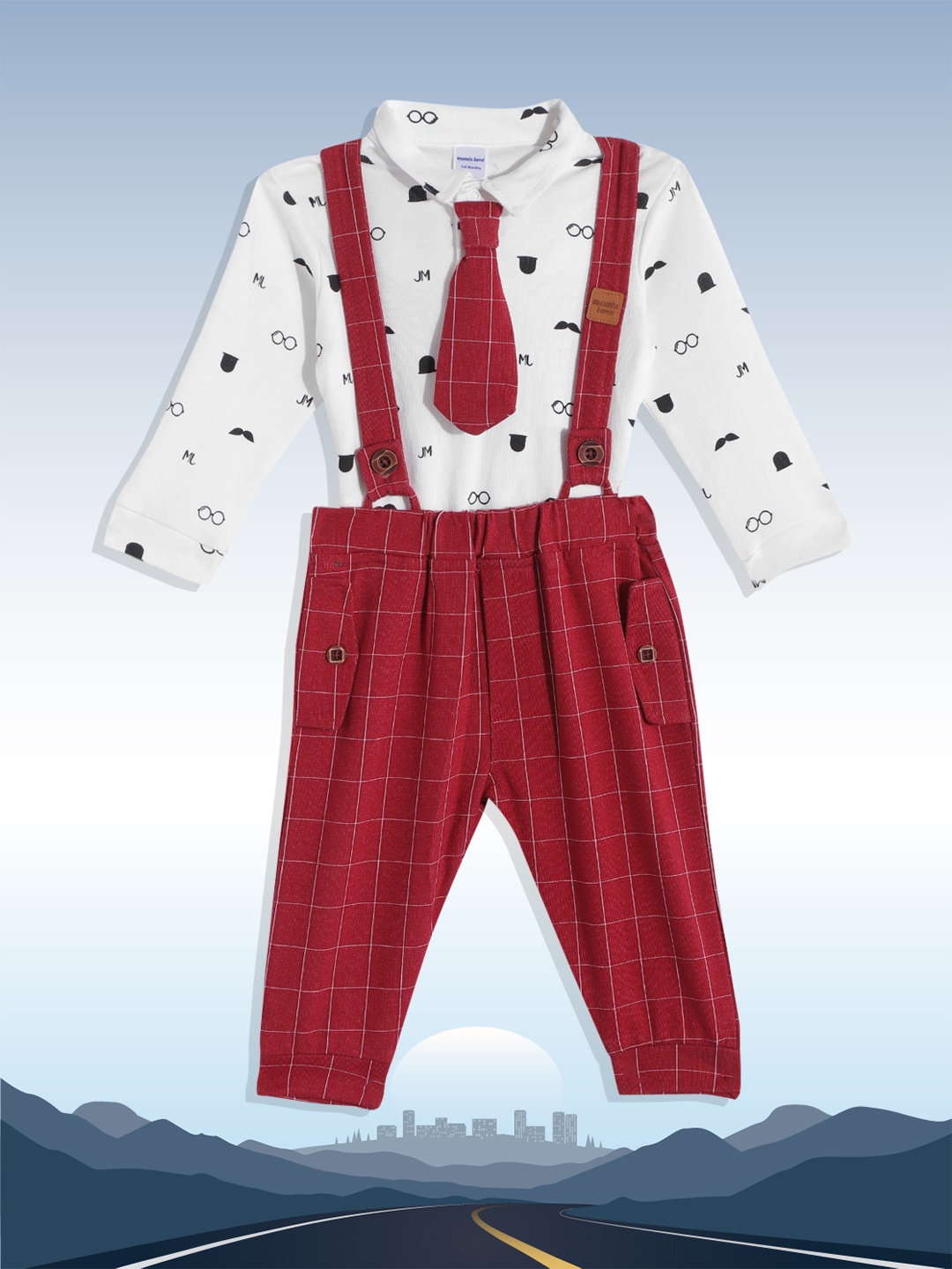 

Moms Love Infant Kids Red & White Pure Cotton Dungaree with T-shirt & Tie