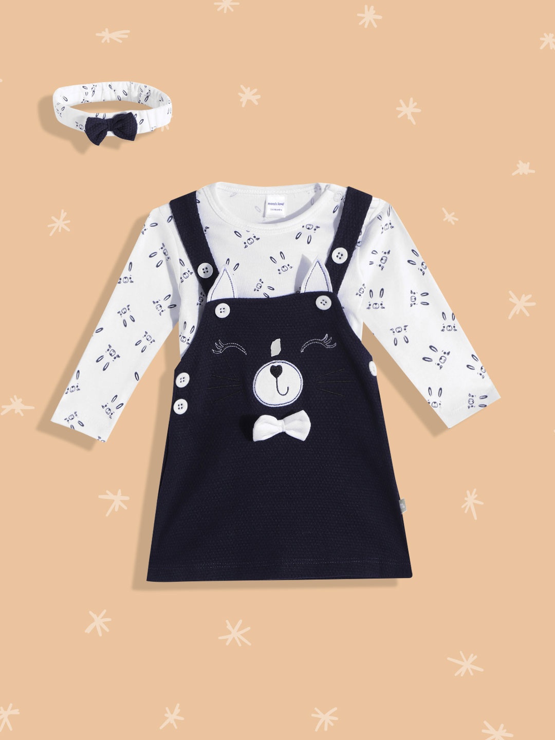 

Moms Love Infant Girls Navy Blue & White Pure Cotton Applique Pinafore Dress with T-Shirt