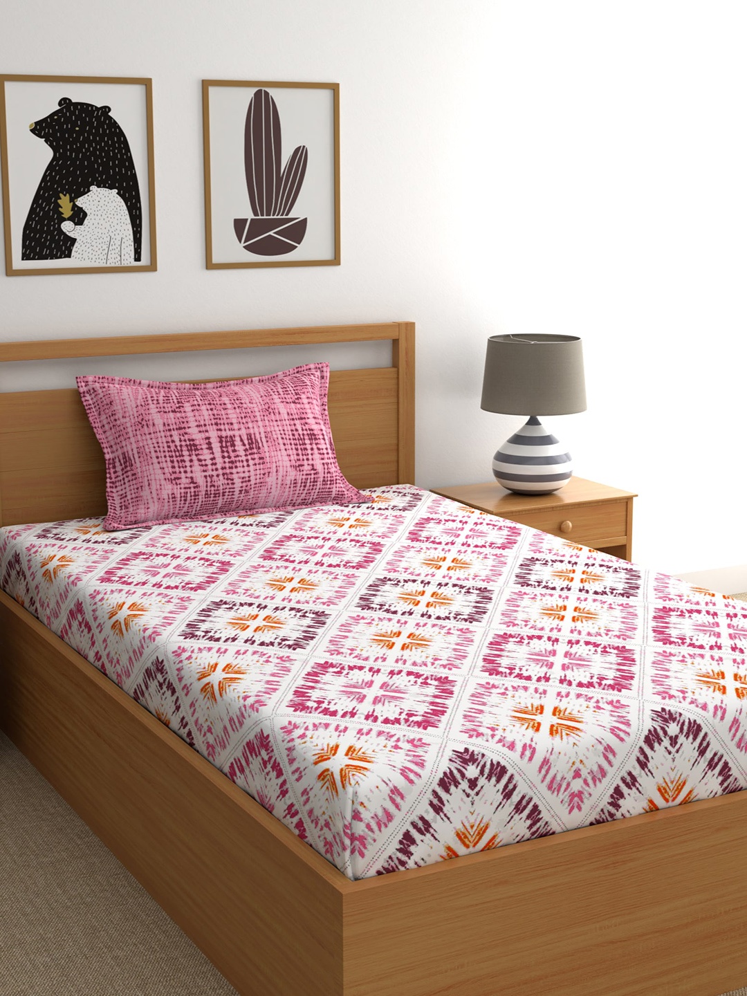 

Dreamscape Pink & White Geometric 140 TC Single Bedsheet with 1 Pillow Covers