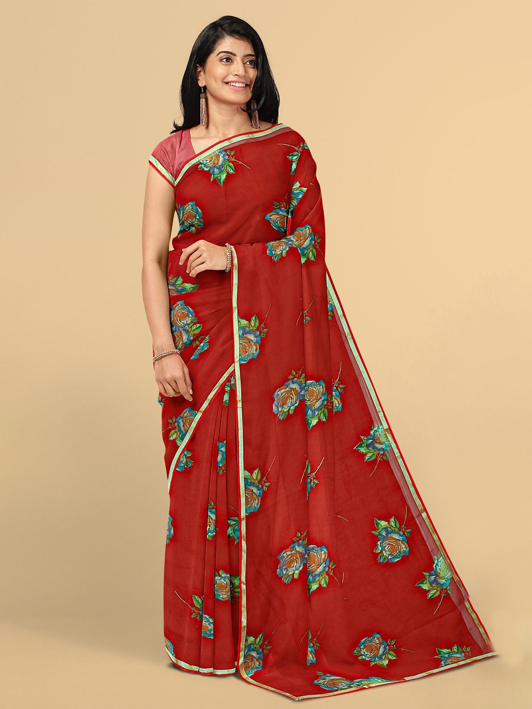 

Kalamandir Red & Blue Floral Printed Saree