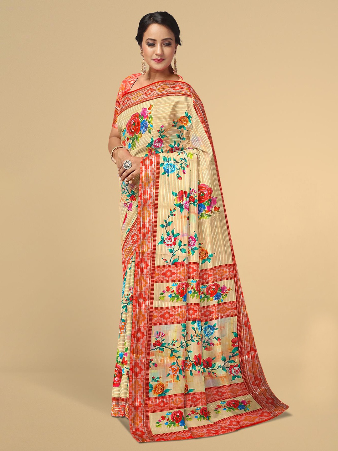 

Kalamandir Orange & Blue Floral Silk Blend Saree